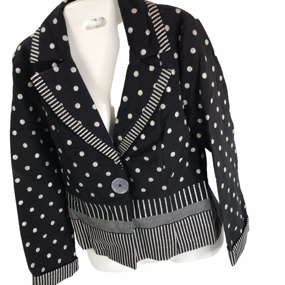 Zoey Black Silver Metallic Blazer Size 6 polka dot stripes mod geo